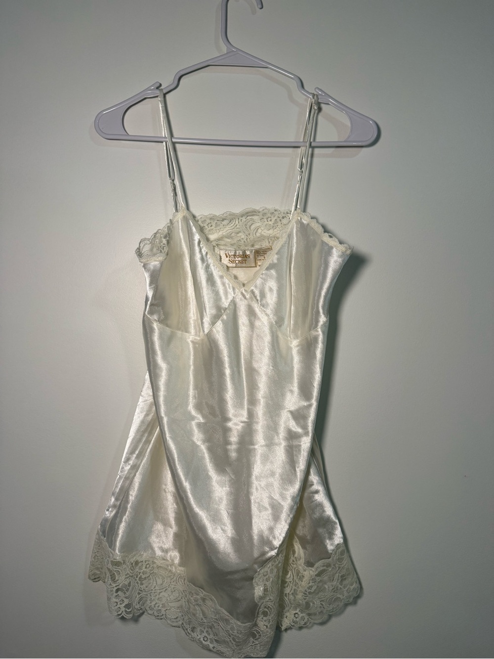 1990's Vintage Gold Label Victoria's Secret Pearl White Satin Lace Slip Dress